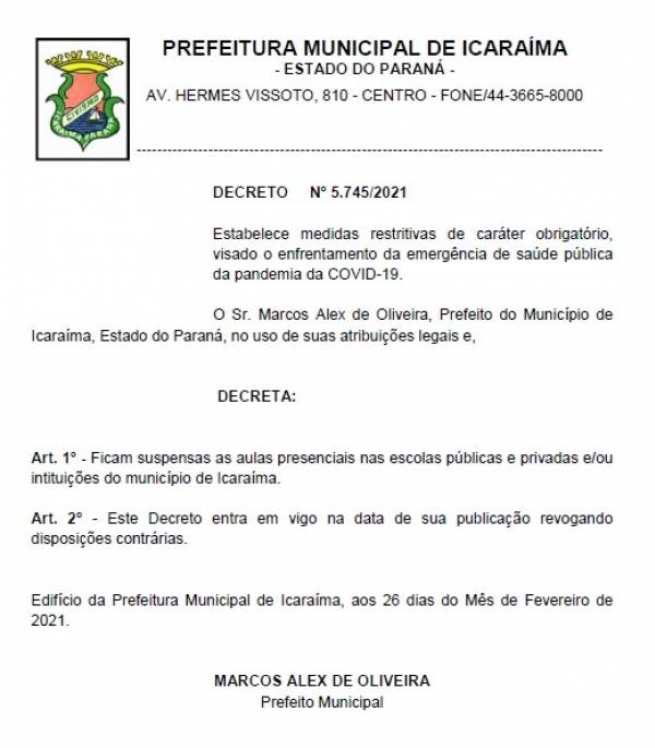 URGENTE - Prefeitura de Icaraíma - Divulgação do DECRETO Nº 5.745/2021 - SUSPENSÃO DAS AULAS PRESENCIAIS NAS ESCOLAS PÚBLICAS E PRIVADAS E/OU INSTITUIÇÕES