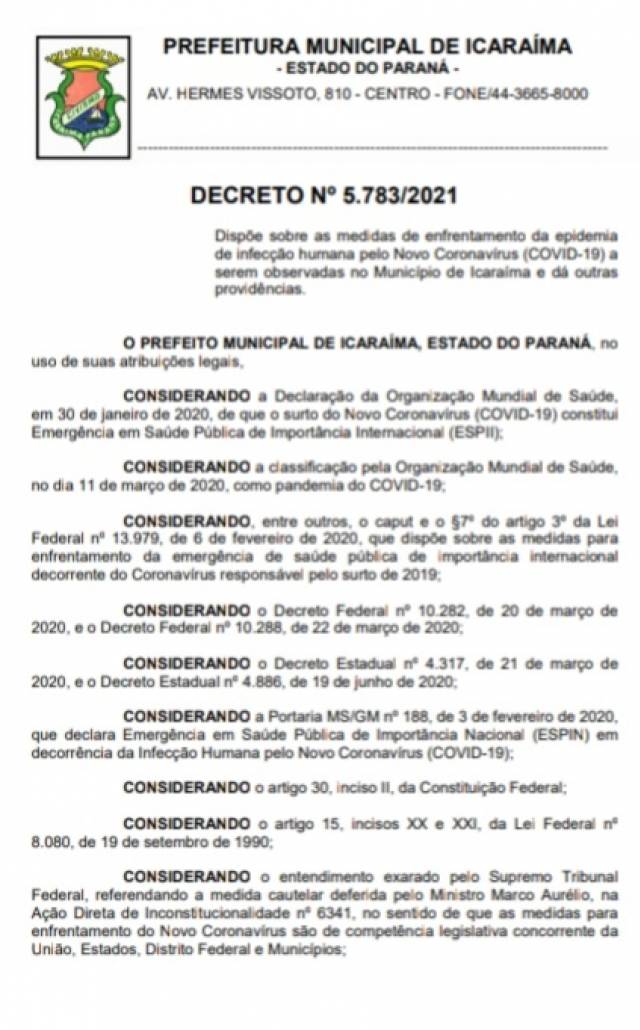 URGENTE - Publicação de Decreto determina Lockdown em Icaraíma. Maioria dos Prefeitos da AMERIOS vão seguir decreto de Umuarama a partir do dia 25 