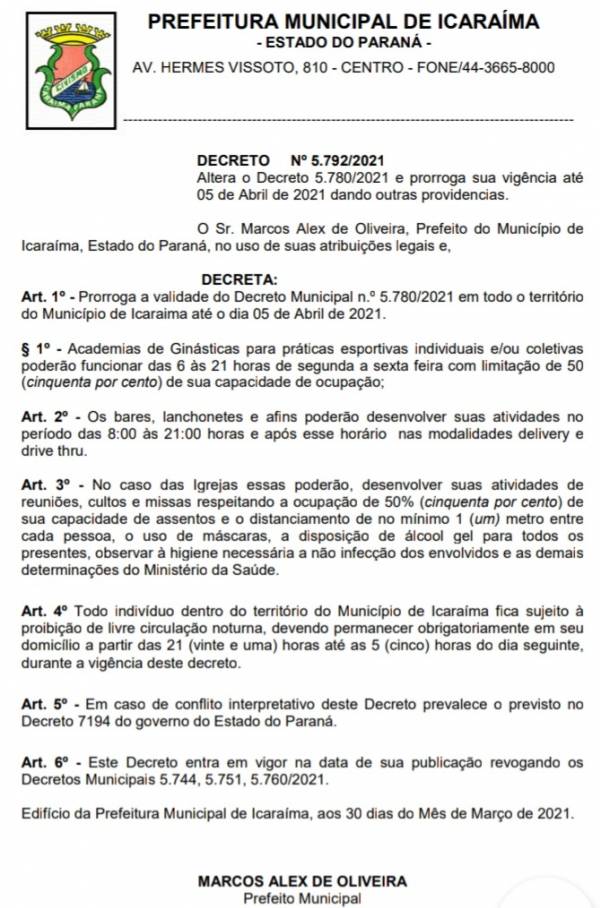 URGENTE - Prorrogação da validade do decreto 5.780/2021 até 05 de abril.