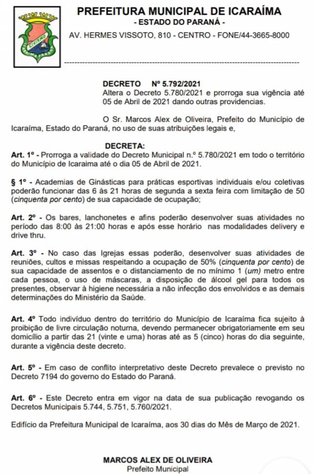 URGENTE - Prorrogação da validade do decreto 5.780/2021 até 05 de abril.