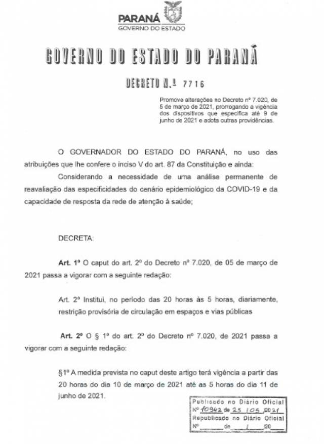 Icaraíma seguirá novo decreto e toque de recolher será das 20 às 05 horas da manhã. 