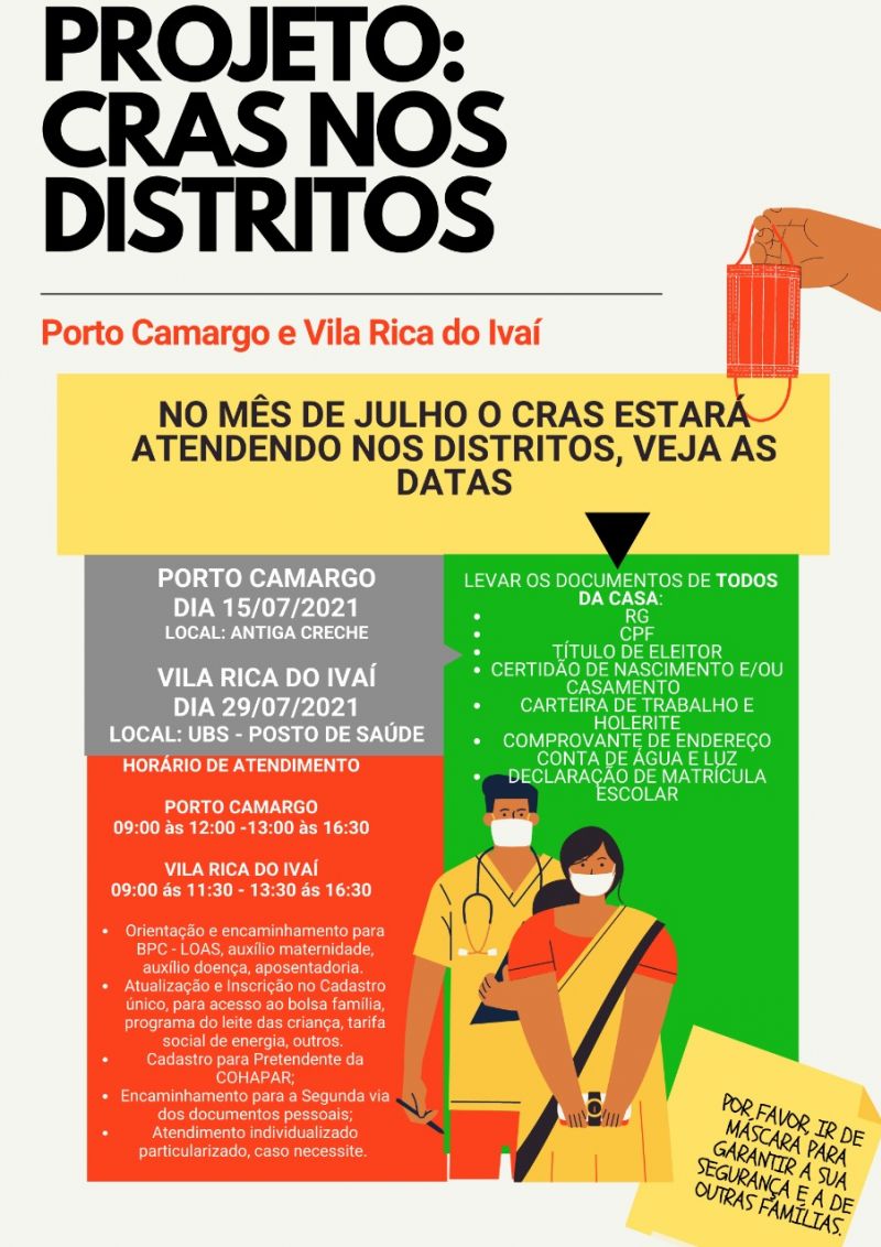 Projeto CRAS nos Distritos vai atender a partir do dia 15 e 29 de julho em Porto Camargo e Vila Rica do Ivaí e terá continuidade até o dezembro deste ano, sendo uma vez por mês em cada distrito