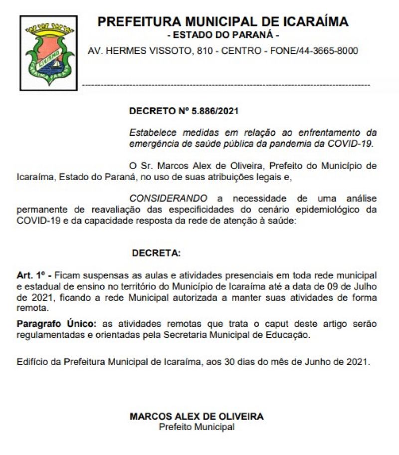 Decreto Municipal - Ficam suspensas as aulas e atividades presenciais em toda rede municipal  e estadual de ensino em Icaraíma 