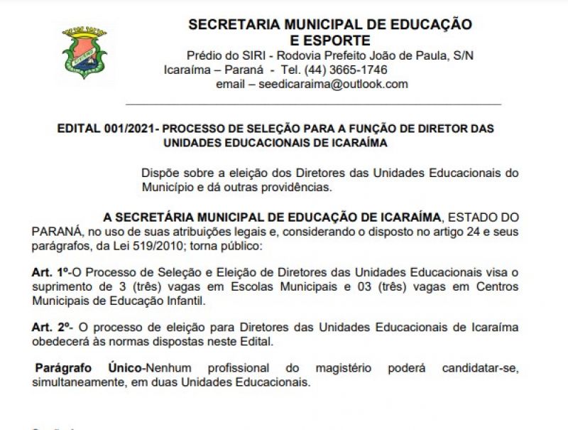 Secretaria Municipal de Educação lança edital para eleição de Diretores da Unidas Educacionais.