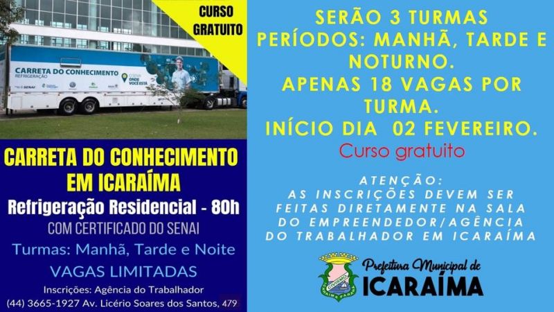 QUER SER UM PROFISSIONAL DA REFRIGERAÇÃO? VEM AÍ A CARRETA DO CONHECIMENTO DO SENAI PARA ICARAÍMA. 