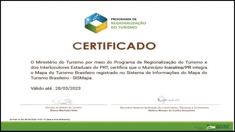 Icaraíma recebe certificado do Ministério do Turismo por meio do Programa de Regionalização do Turismo.