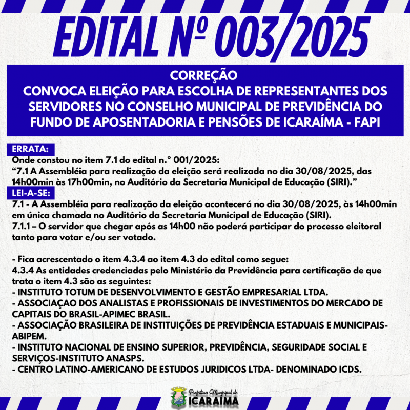 EDITAL Nº 003/2025 – Correção.