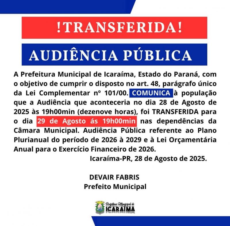 ALTERAÇÃO - AUDIÊNCIA PUBLICA -  29 DE AGOSTO