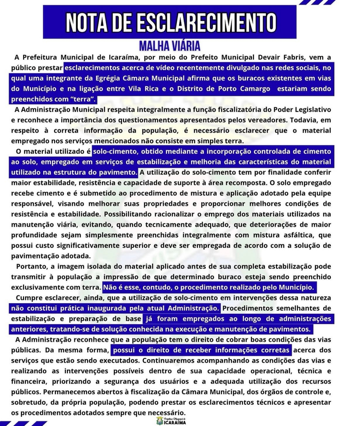 NOTA DE ESCLARECIMENTO À POPULAÇÃO 