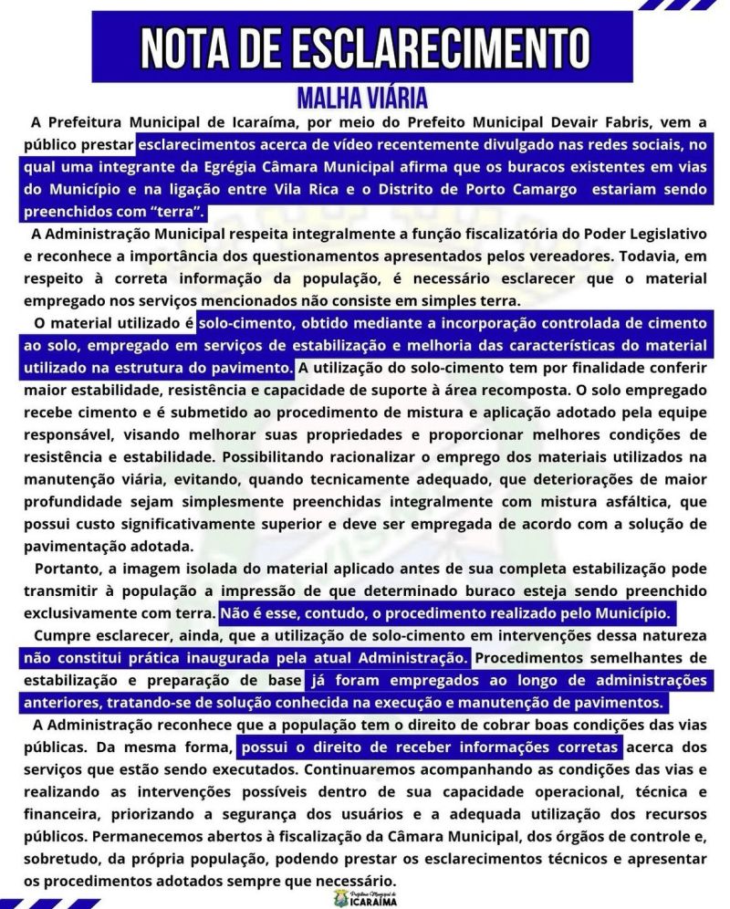 NOTA DE ESCLARECIMENTO À POPULAÇÃO 
