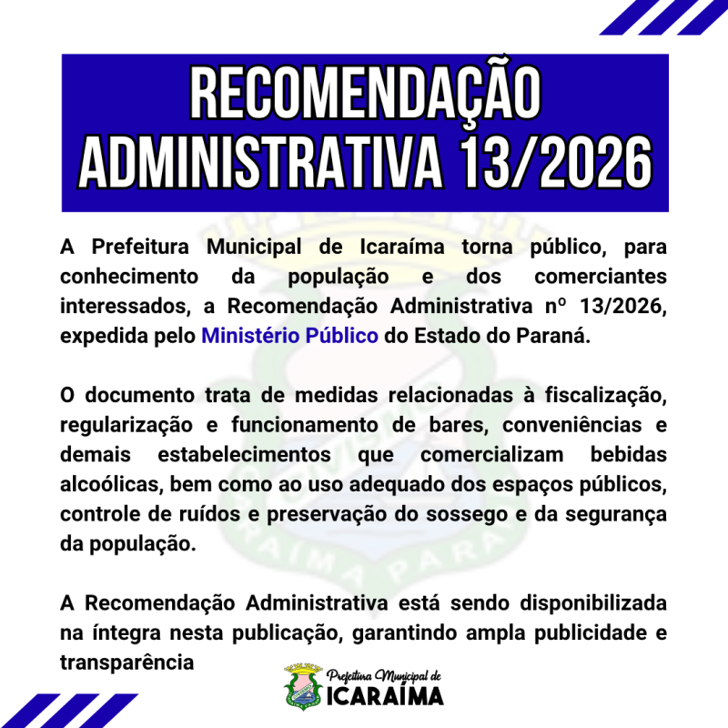 RECOMENDAÇÃO ADMINISTRATIVA 13/2026