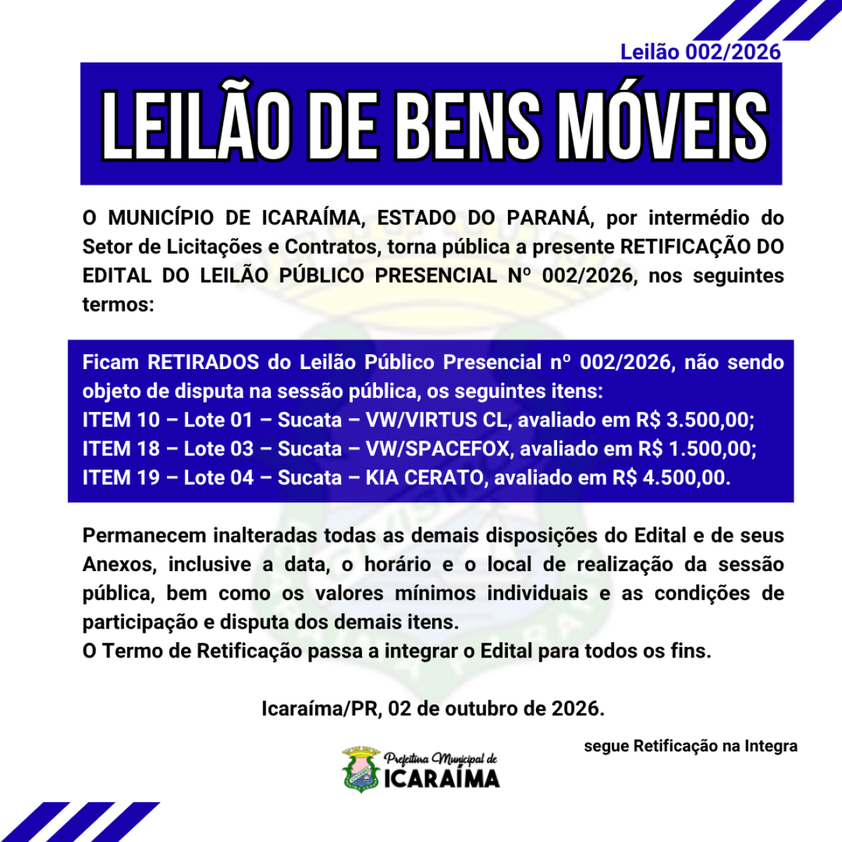 RETIRADA DE ITENS - RETIFICAÇÃO LEILÃO 002/2026
